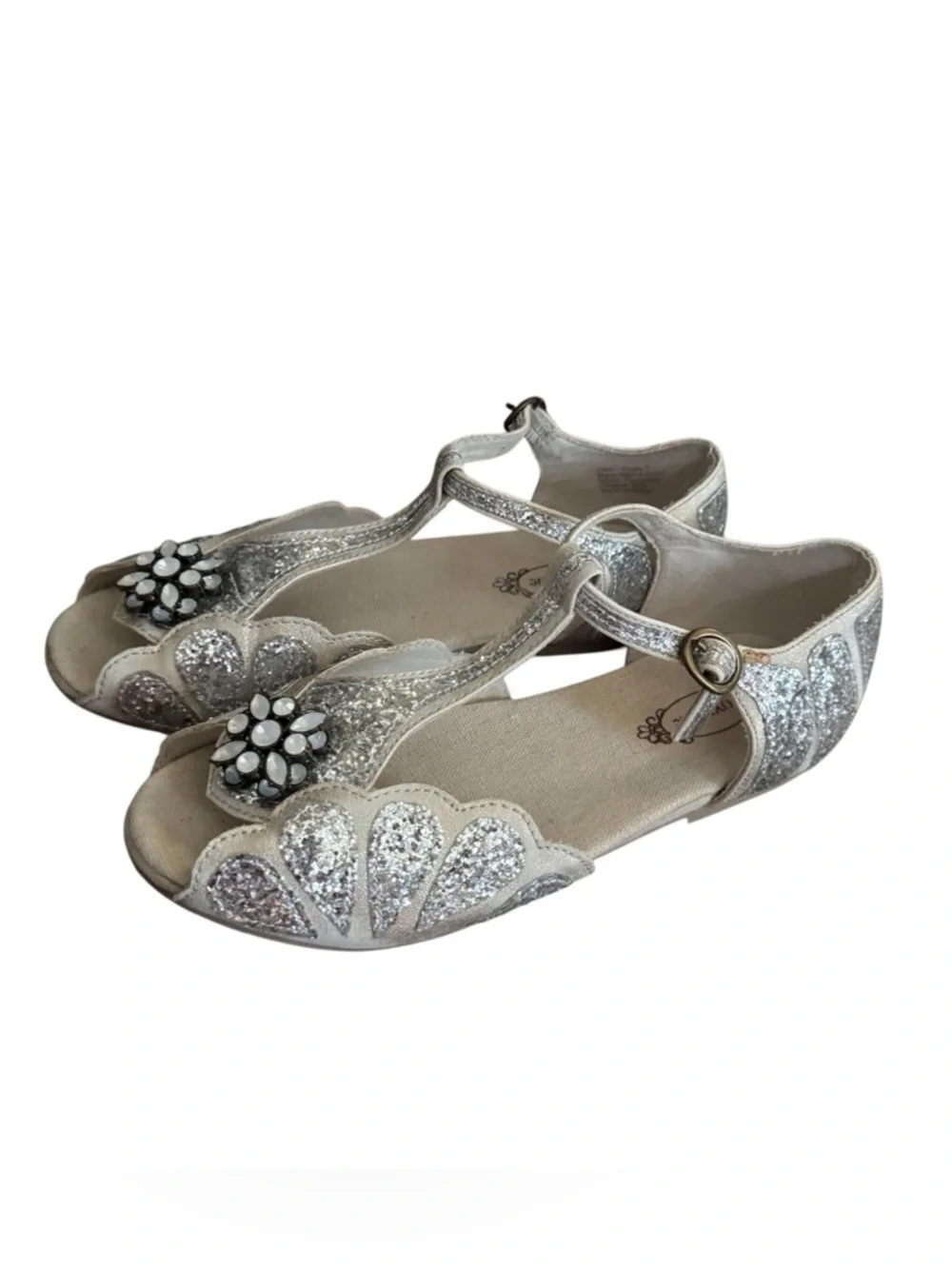 Joyfolie Silver Glitter T-Strap Sandals with Floral Jewel Accent, Size Youth 3